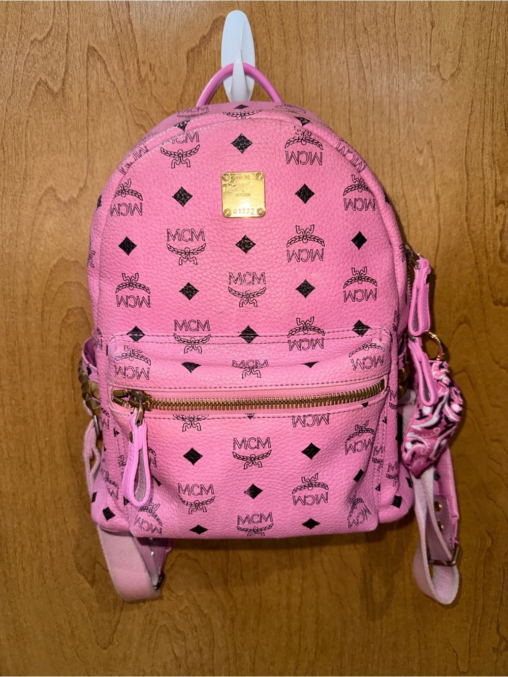 MCM Pink Logo Coated Canvas Mini Backpack with Gold Plate
